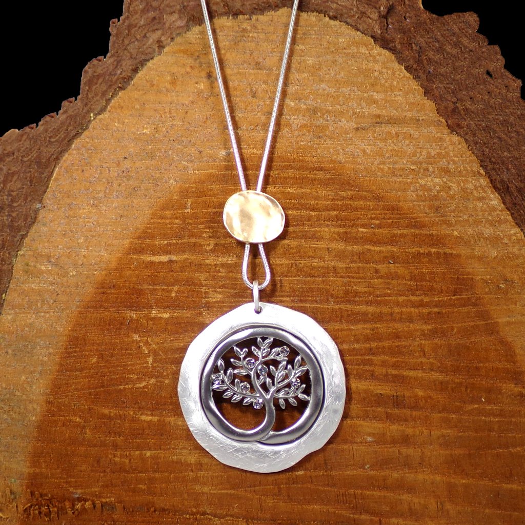 Tree Of Life Large Round Pendant Necklace With Carved Tree Leaves Center 2.65